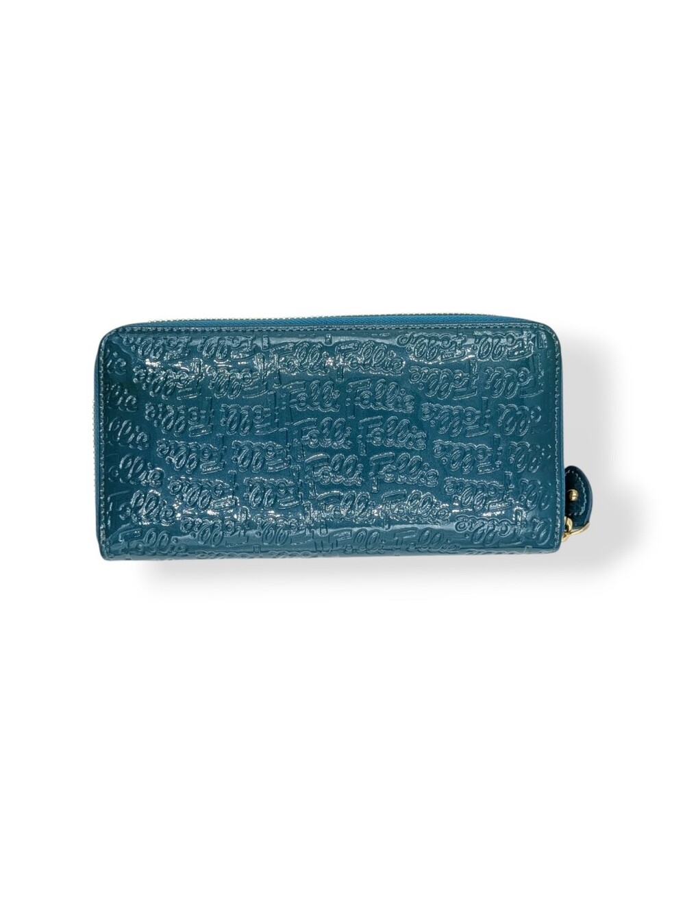 Folli Follie Wallet Patent Logo Embossed Zip Around Clutch Organizer Turquoise